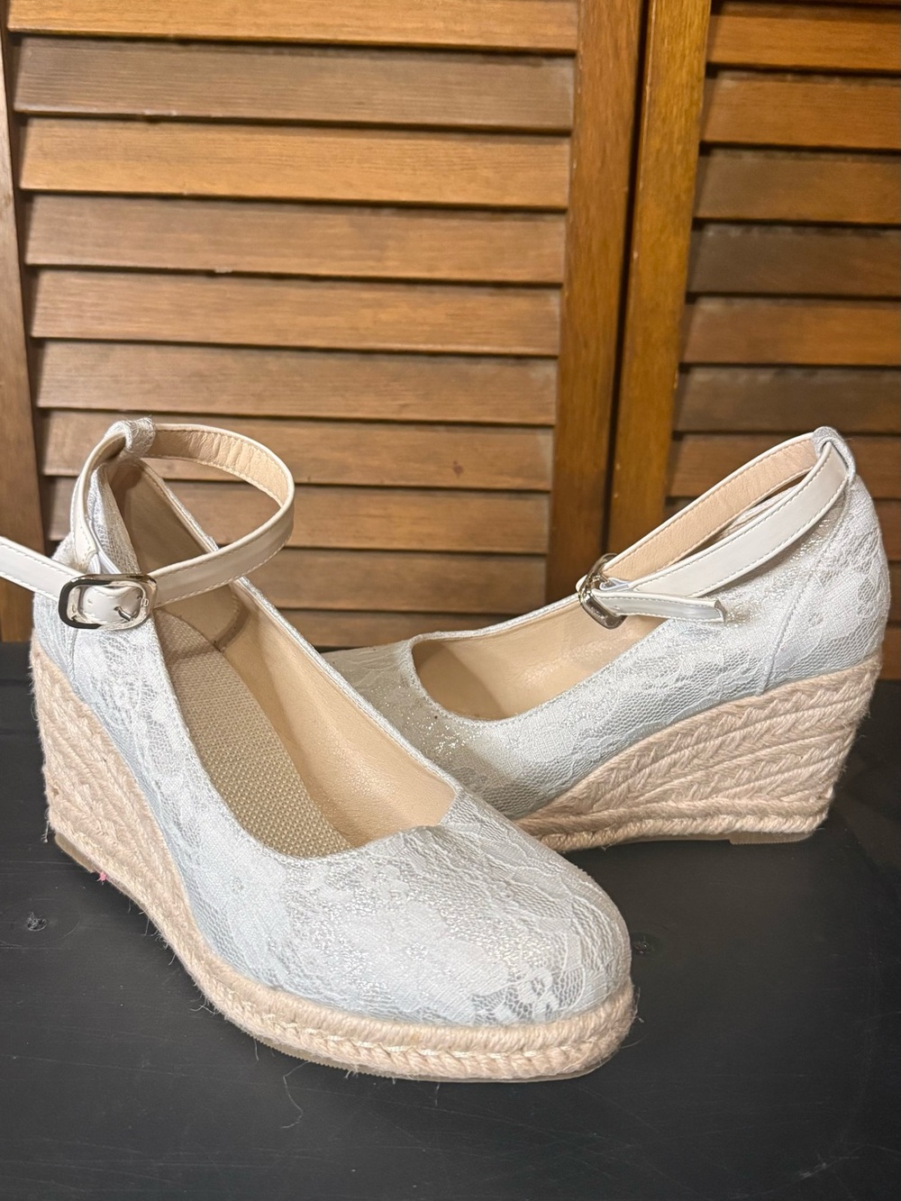 Women’s Lace Espadrille Wedge Ankle-Strap Pumps in White